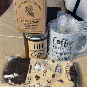 Coffee Lover's Gift Set with Mug, Candle, and Socks